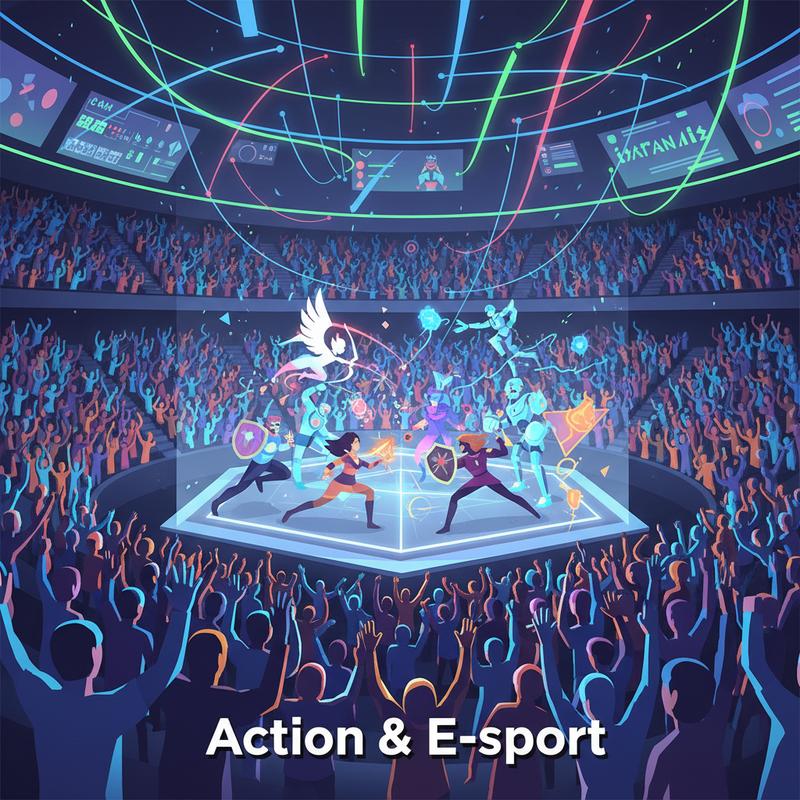 Spectateurs dans une arène d'e-sport futuriste suivant une bataille holographique dynamique entre personnages colorés sous un éclairage néon vibrant.