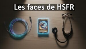 Vue zénithale d'un bureau moderne épuré avec une carte de jeu lumineuse, un câble à fibre optique, un stéthoscope et le texte Les faces de HSFR.