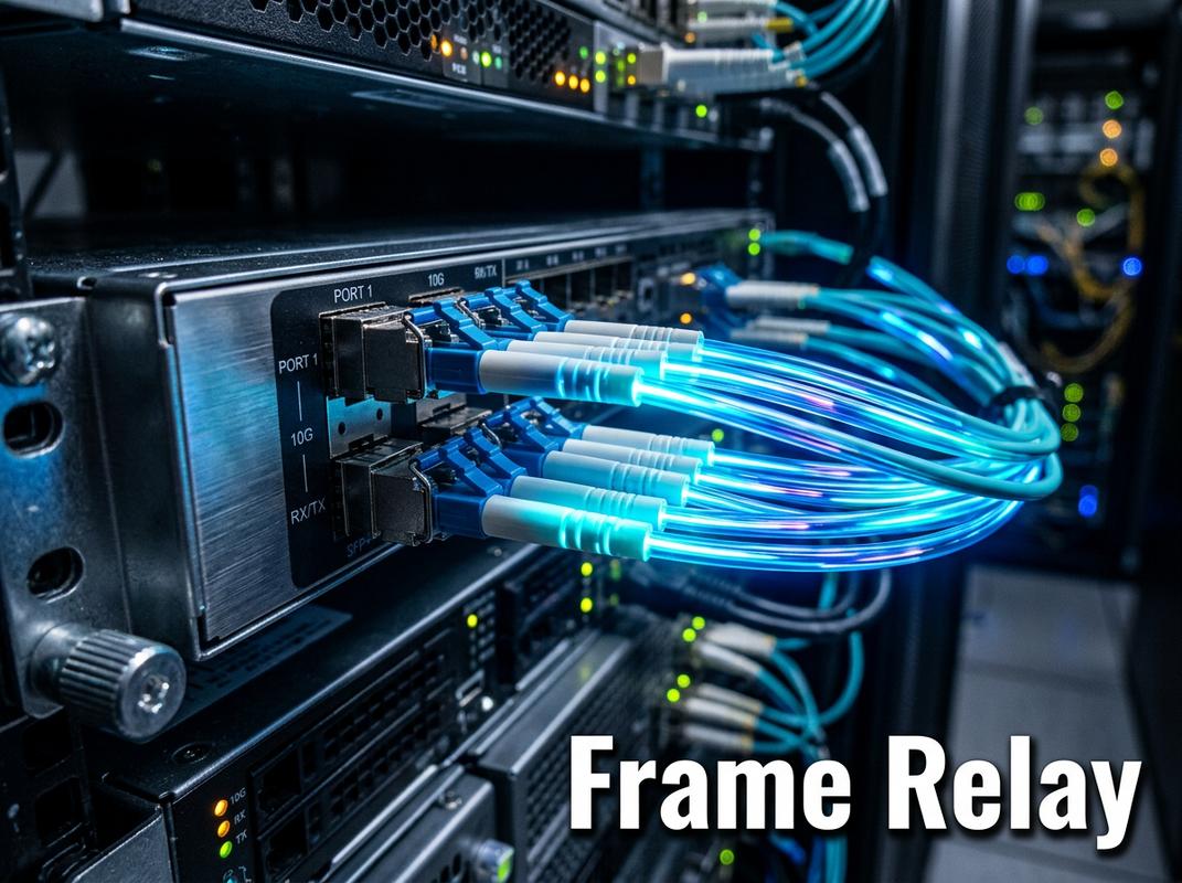 Des câbles en fibre optique bleus et cyan branchés sur un rack de serveur moderne émettent des impulsions lumineuses sous le texte Frame Relay écrit en gras.
