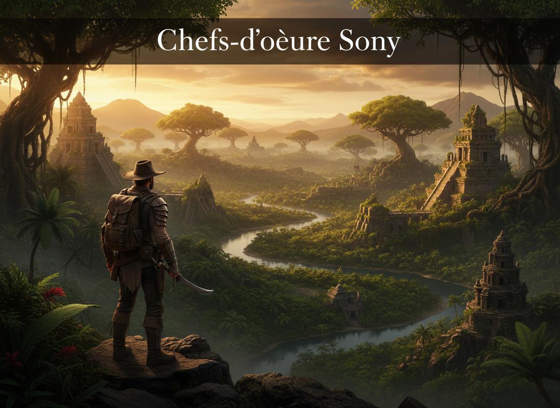 Un explorateur robuste contemple un vaste paysage tropical parsemé de ruines antiques au coucher du soleil avec le texte Chefs-d'œuvre Sony superposé.