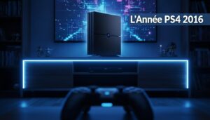 Une console PS4 noire sur un meuble en bois est baignée de lumières bleues avec une manette au premier plan et le titre L'Année PS4 2016.