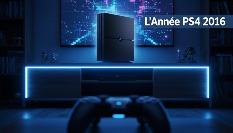 Une console PS4 noire sur un meuble en bois est baignée de lumières bleues avec une manette au premier plan et le titre L'Année PS4 2016.