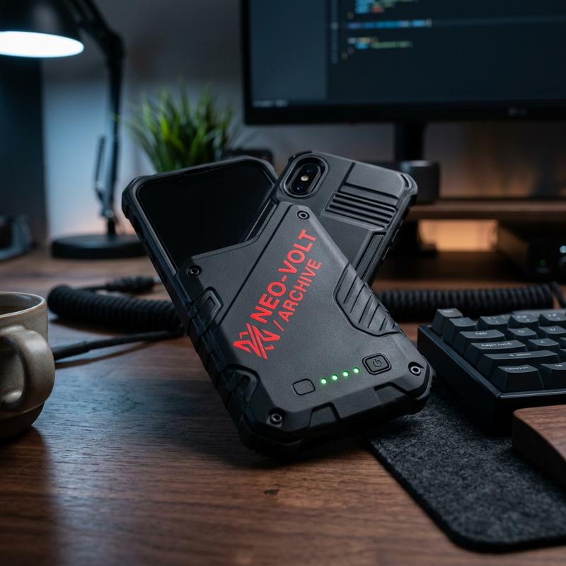 Coque batterie noire au style techwear avec logo rouge et voyants lumineux posée sur un bureau moderne sous un éclairage mettant en valeur sa texture mate.