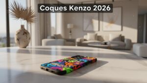 Un smartphone muni d'une coque Kenzo au design streetwear est posé sur une table en marbre chic, illuminé par une lumière dorée avec le texte Coques Kenzo 2026.