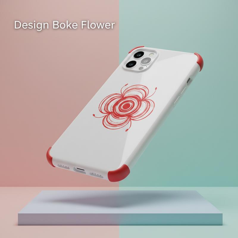 Coque de smartphone affichant une fleur rouge stylisée de style pop art japonais flottant au-dessus d'un socle pastel avec le texte Design Boke Flower.
