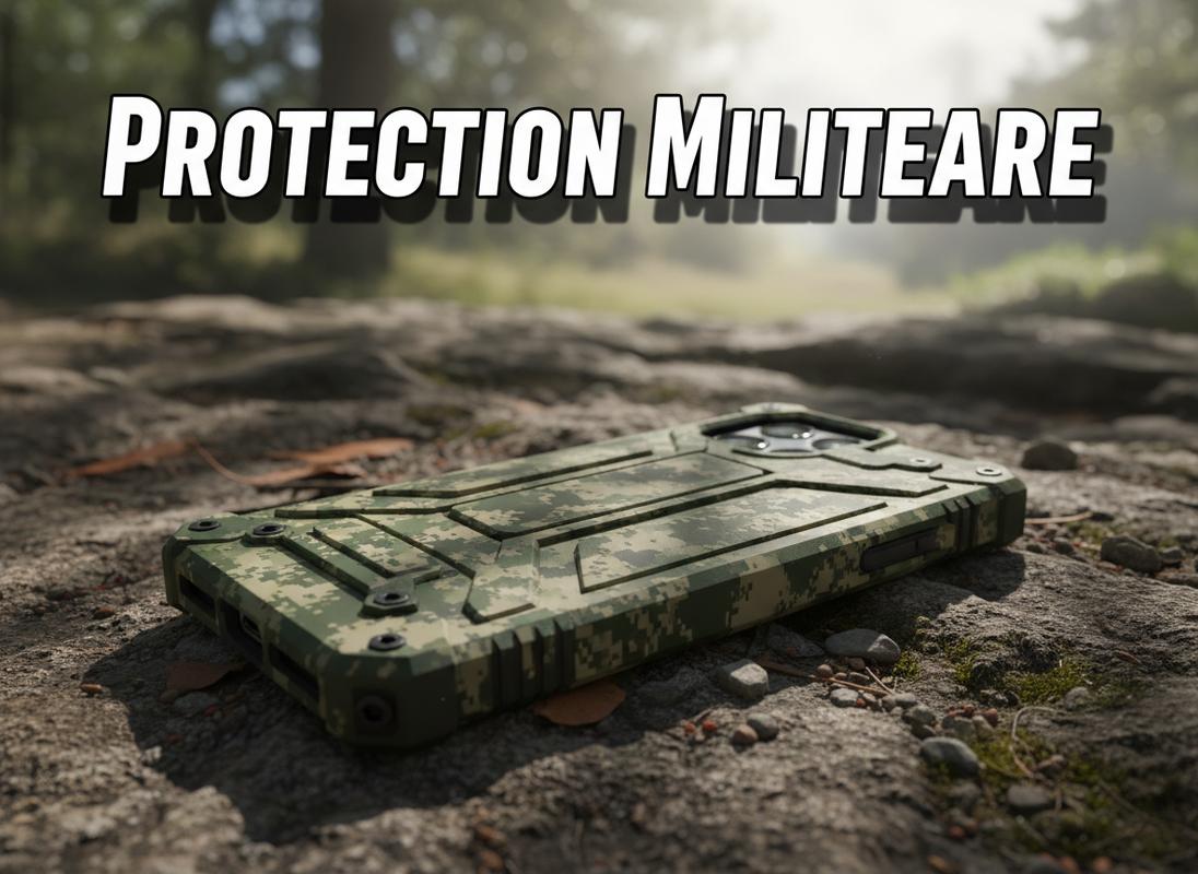 Smartphone dans une coque robuste à motif camouflage posé sur un sol rocheux sous une lumière filtrée, avec le texte Protection Militaire en lettres grasses.