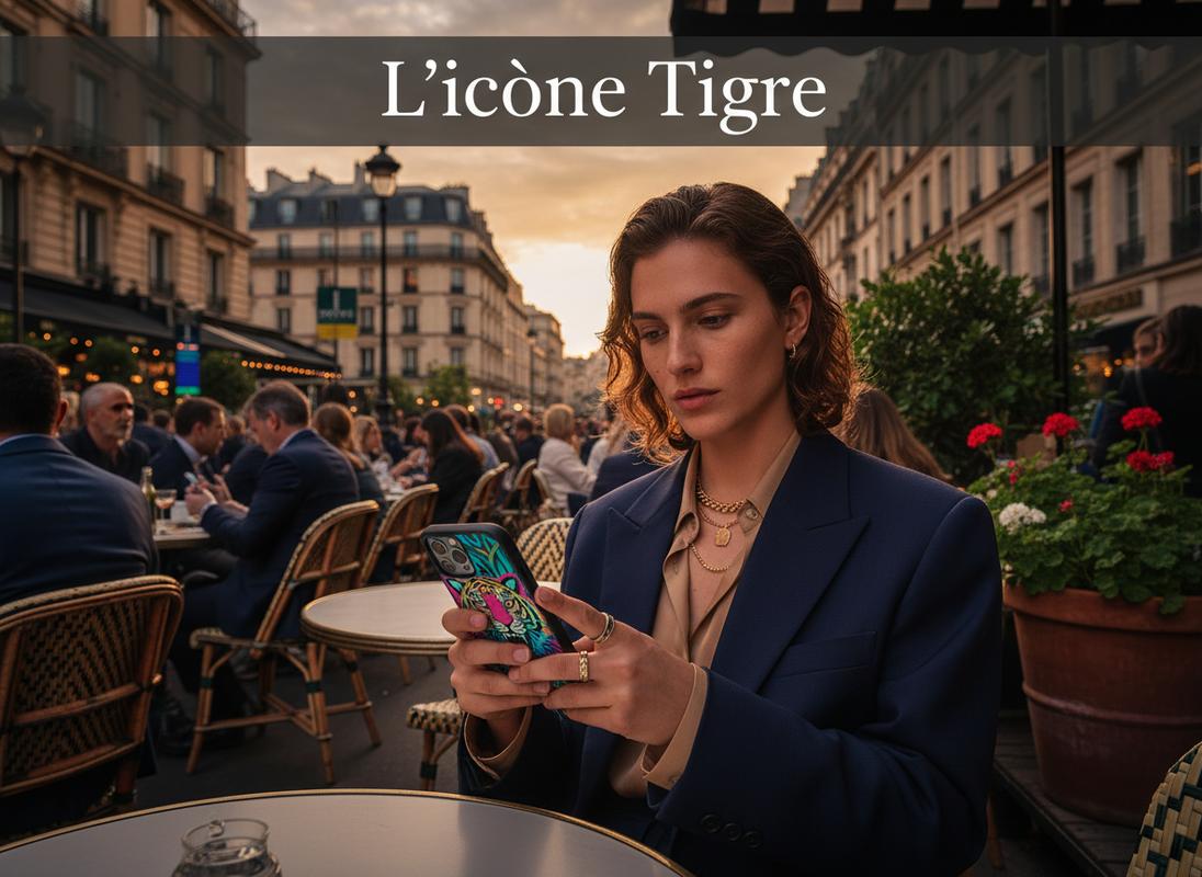 Personne assise à une terrasse parisienne tenant un smartphone avec une coque mate ornée d'une tête de tigre colorée sous l'inscription L'icône Tigre.