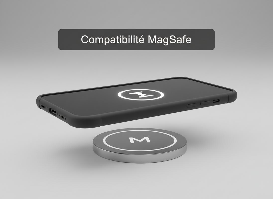 Smartphone avec coque mate noire en lévitation au-dessus d'un anneau de recharge magnétique avec l'inscription Compatibilité MagSafe.