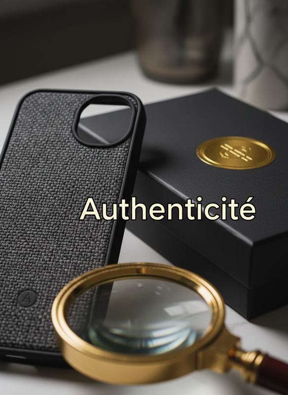 Gros plan macro sur la doublure texturée d'une coque de smartphone haut de gamme à côté d'un emballage de luxe avec sceau métallique et le mot Authenticité.