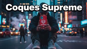 Une personne élégante tient un smartphone muni d'une coque rouge vif de style streetwear dans une rue animée au crépuscule sous des reflets de néons.