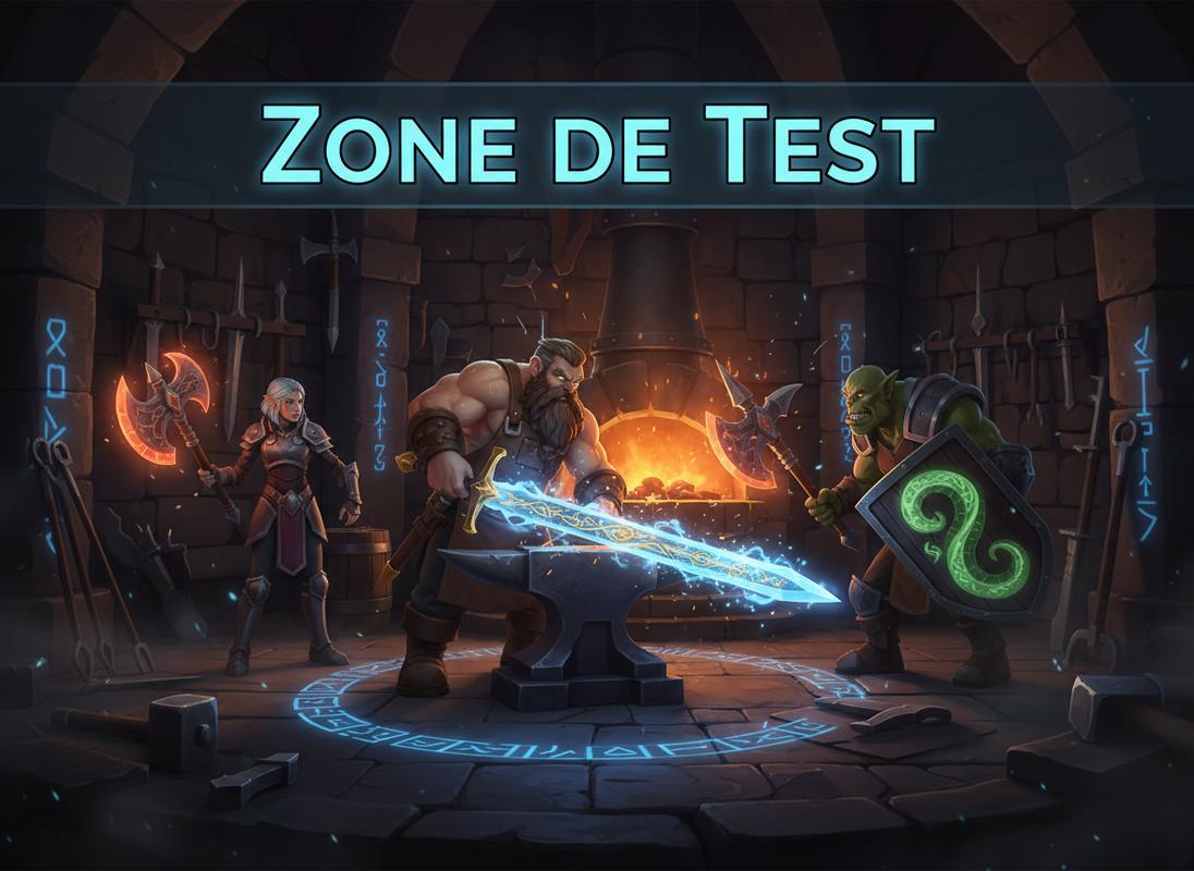 Des armes magiques aux runes bleues luisent dans une forge en pierre sombre parsemée d'étincelles orange sous un bandeau affichant le texte Zone de Test.