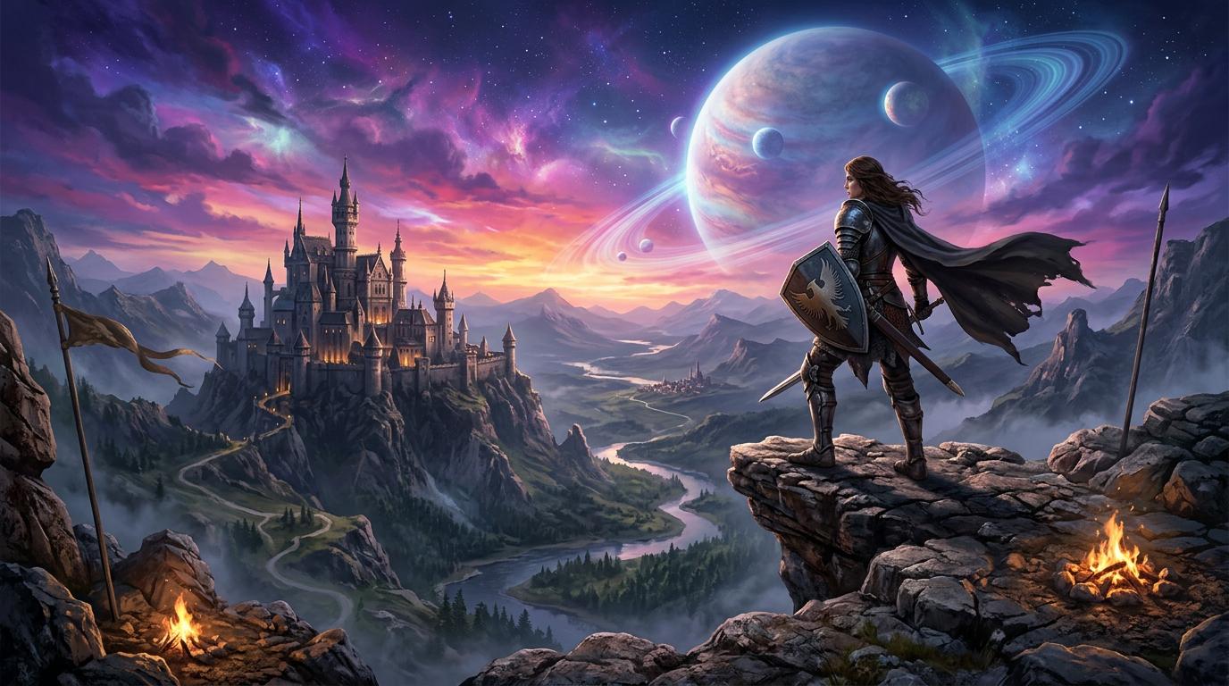 Un guerrier solitaire observe un château médiéval et une planète extraterrestre depuis une falaise escarpée sous un ciel onirique violet et rose.