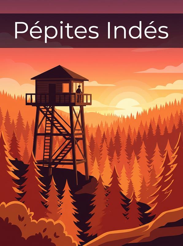 Une silhouette observe une forêt de pins rouge et orange en style vectoriel depuis une tour de guet au coucher du soleil avec le texte Pépites Indés.