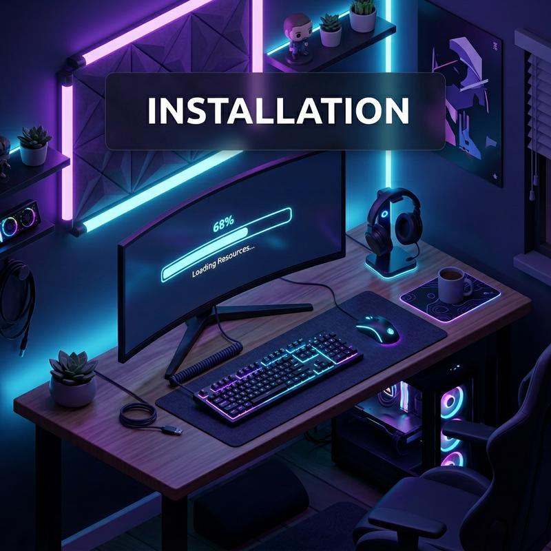 Bureau gamer isométrique avec un écran incurvé affichant une barre de chargement et le texte Installation sous des éclairages néon bleus et violets.