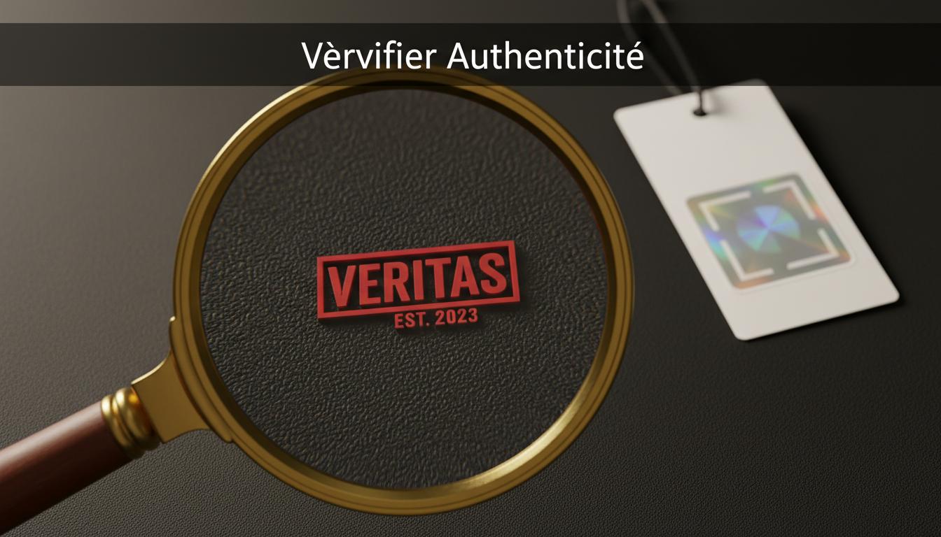 Loupe montrant de près un logo rectangulaire rouge imprimé sur silicone noir avec un bandeau Vérifier Authenticité devant une étiquette de certification floue.