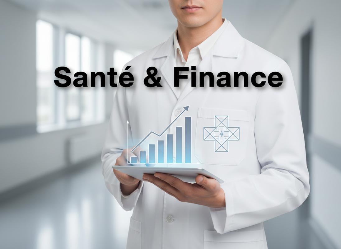 Professionnel en blouse blanche tenant une tablette aux graphiques financiers avec le texte Santé et Finance devant un hall d'hôpital moderne et flou.