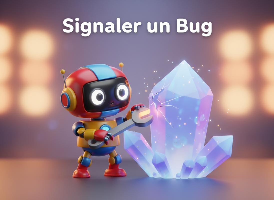 Un petit robot amical utilise une clé futuriste pour réparer un grand cristal bleu luminescent devant l'inscription textuelle Signaler un Bug.
