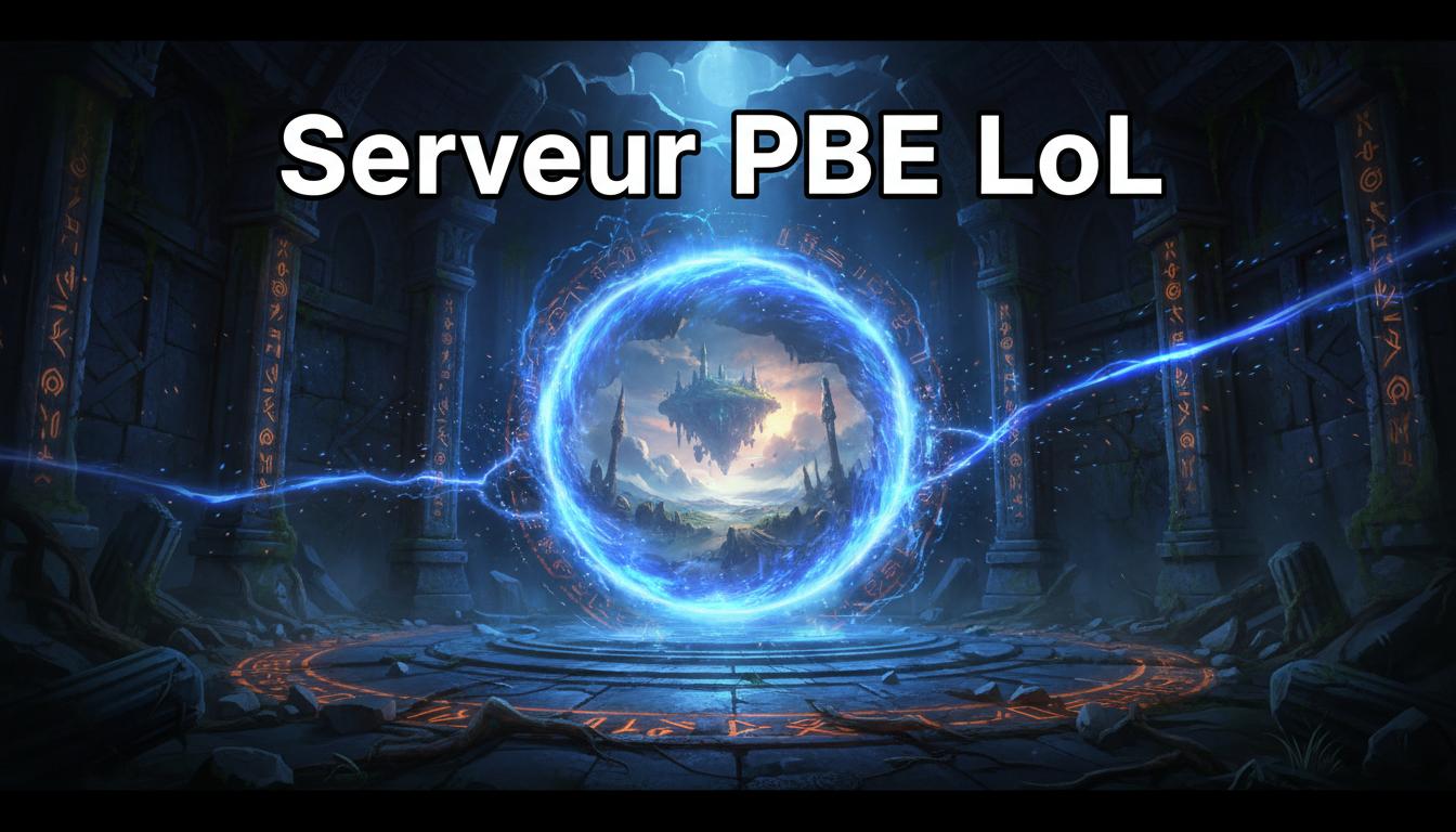 Un portail magique bleu incandescent au milieu d'un temple runique avec le texte Serveur PBE LoL écrit en lettres blanches.