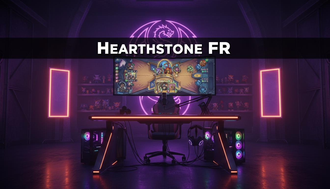 Poste de streaming professionnel sous néons violets et orange avec un jeu de cartes à l'écran, un micro et un casque sous l'inscription Hearthstone FR.