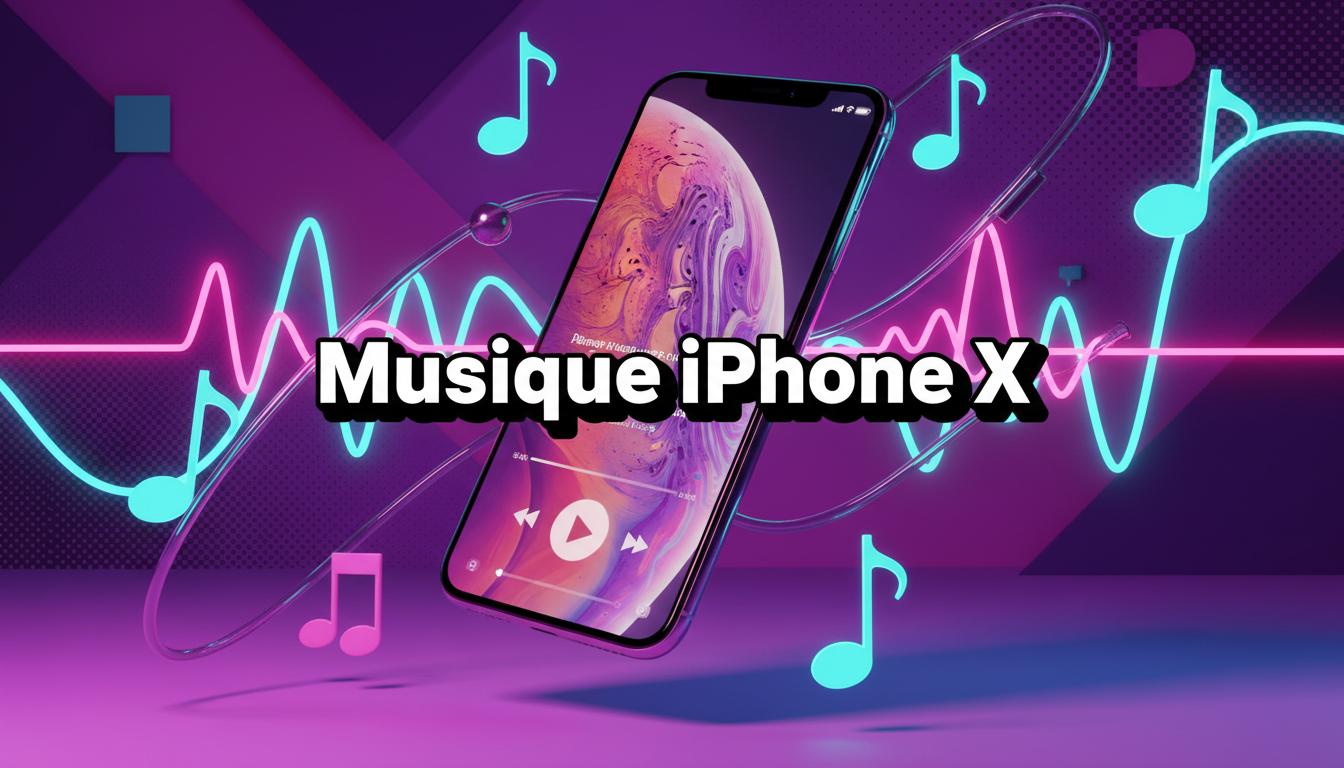 Smartphone moderne sans bordure entouré de notes de musique néon et d'ondes sonores colorées sous un éclairage pop-art avec l'inscription Musique iPhone X.