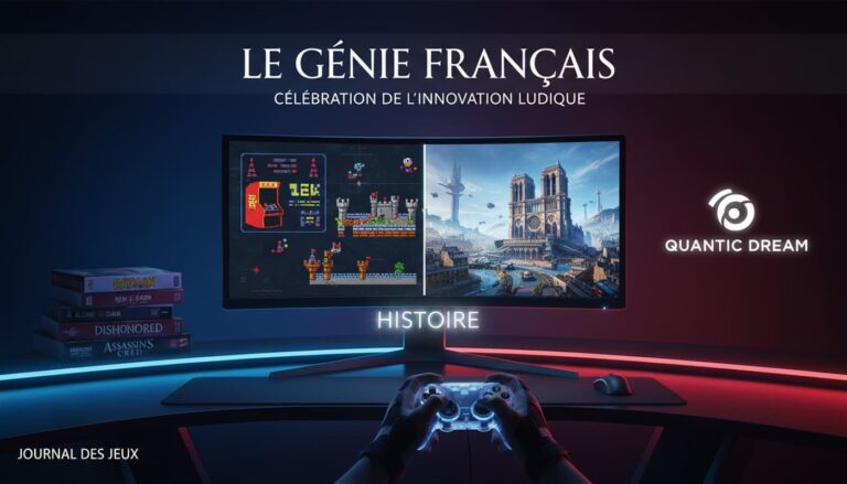 Une installation de jeu futuriste aux néons bleus et rouges illustre le passage des pixels aux graphismes réalistes avec le texte LE GÉNIE FRANÇAIS.