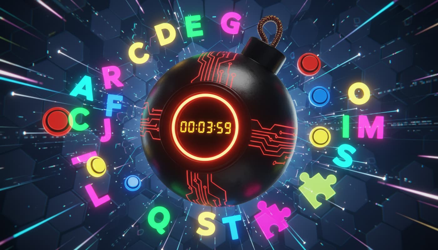 Une bombe noire ronde au chronomètre digital lumineux est entourée de lettres, de boutons d'arcade et de pièces de puzzle sur une interface de jeu néon.