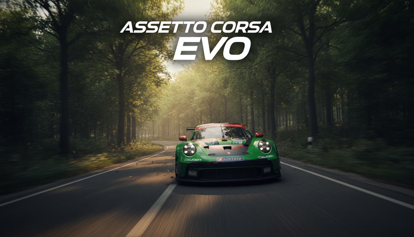 Une voiture de course GT3 roule à vive allure sur une route sinueuse à travers une épaisse forêt verdoyante de l'Eifel, avec des rayons de soleil perçant les arbres, un flou de mouvement accentuant la vitesse et un texte superposé 'Assetto Corsa EVO' avec ombre portée.