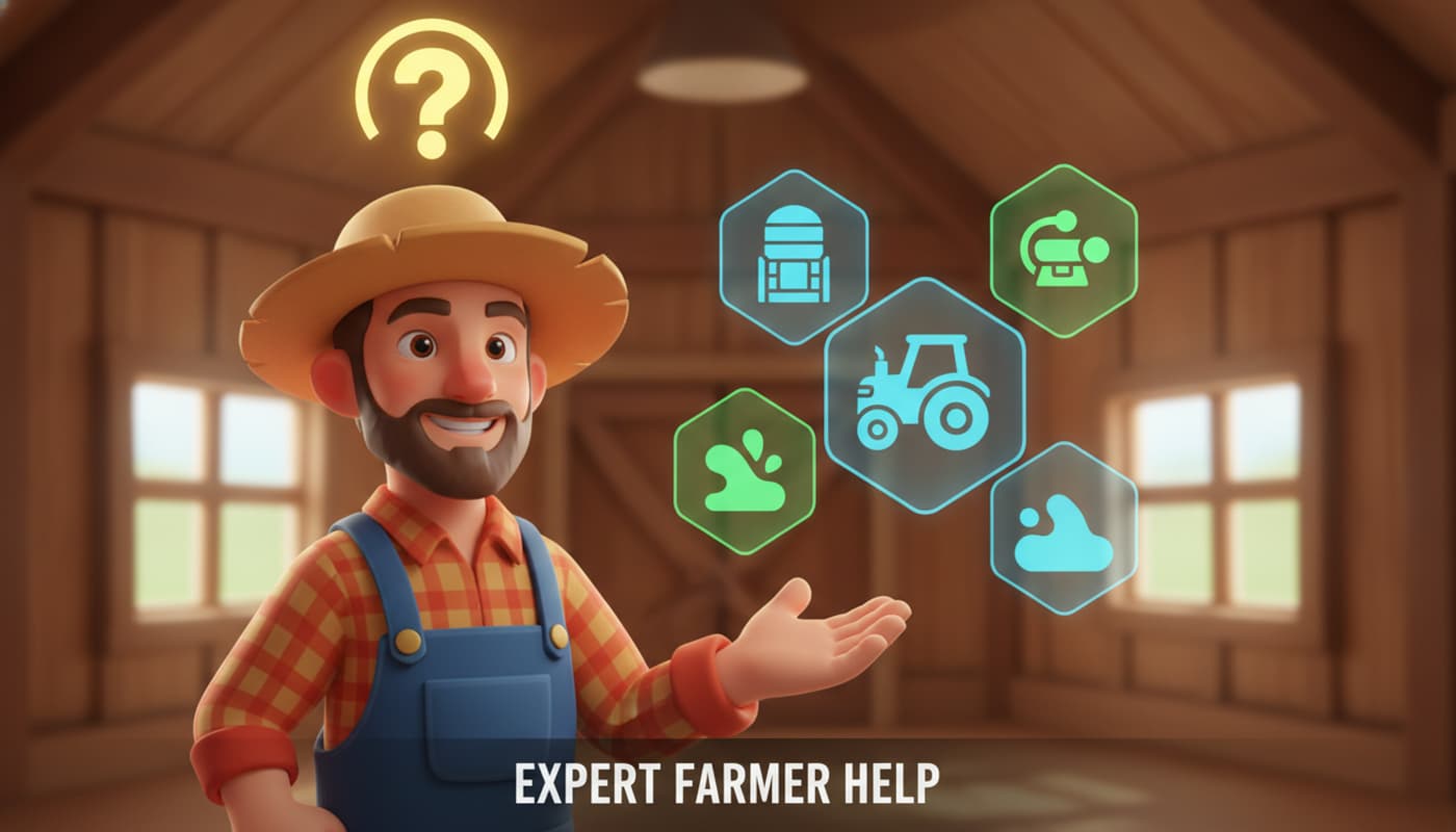 Un avatar de fermier sympathique se tient dans une grange virtuelle, entouré d'icônes flottantes de silo, tracteur et éclaboussures de boue, avec un point d'interrogation, éclairage doux, style art numérique.