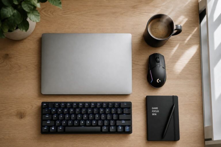 Vue de dessus d'un bureau minimaliste avec un MacBook argenté fermé, une souris gaming sans fil, un clavier mécanique rétroéclairé blanc et une tasse de café, baignée de lumière naturelle.