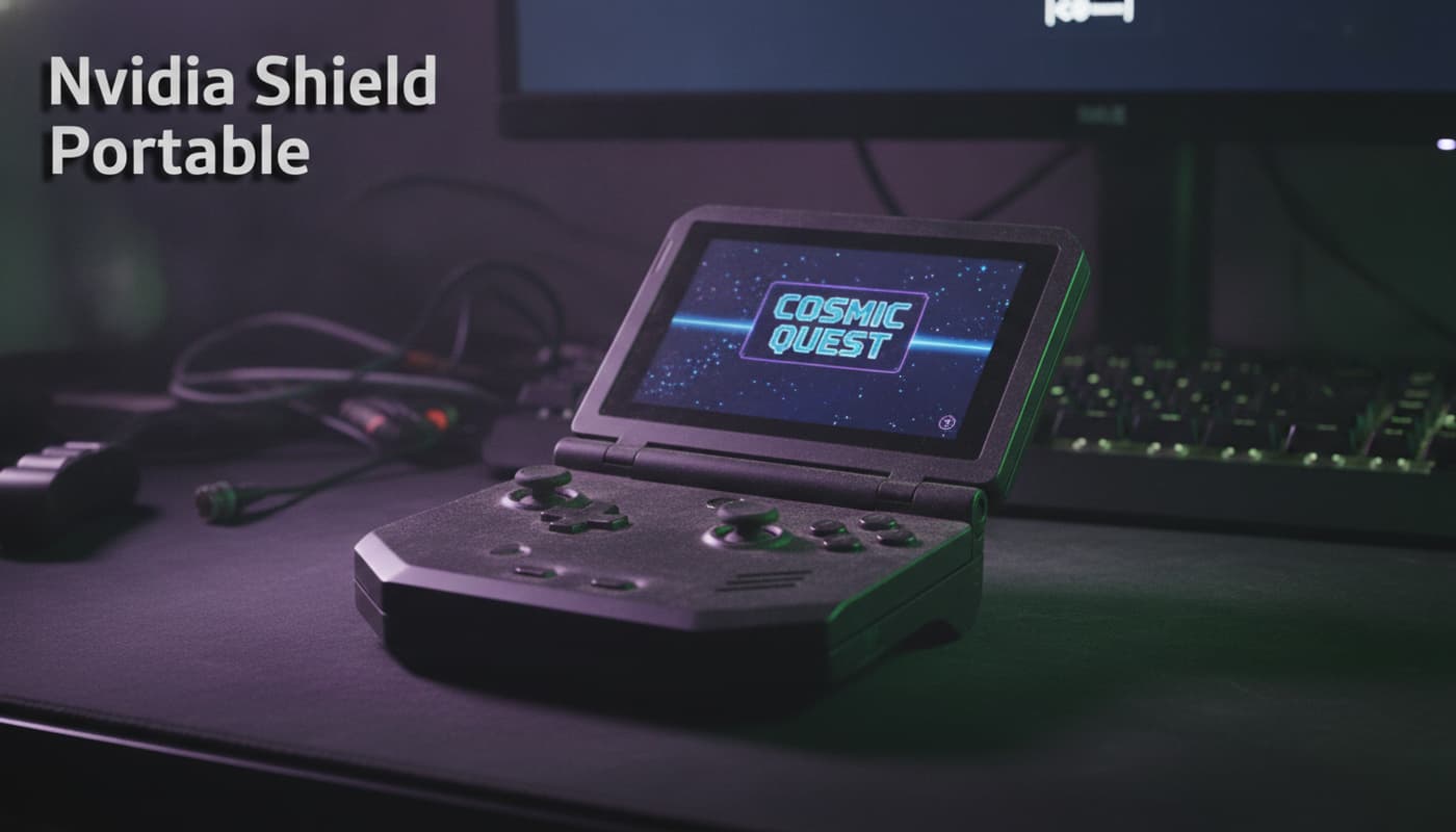 Console portable Nvidia Shield première génération posée sur un bureau de jeu sombre avec éclairage néon violet et vert, écran affichant un jeu rétro, poussiéreux et nostalgique.