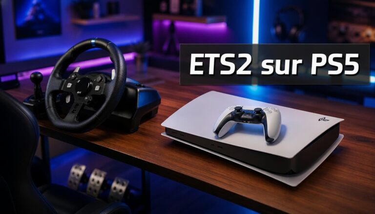 Console PlayStation 5 posée sur un bureau en bois à côté d'un volant de course haut de gamme, dans une salle de jeu floue éclairée au néon bleu et violet, avec le texte superposé 'ETS2 sur PS5' en ombre portée sur fond sombre semi-transparent.