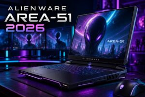 Ordinateur portable gaming Alienware Area-51 2026 ouvert sur un bureau éclairé au néon, clavier RGB allumé, écran lumineux, arrière-plan flou avec deux moniteurs et bandes LED, texte superposé 'Alienware Area-51 2026' avec ombre portée.