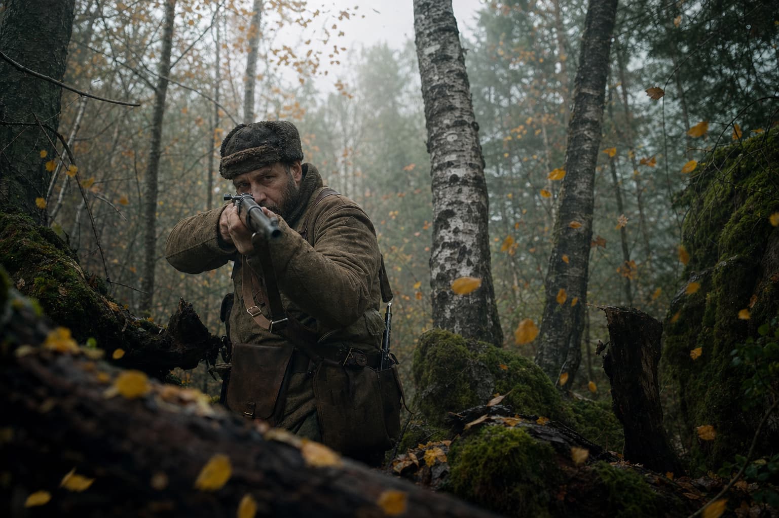 Un chasseur en tenue vintage épaulant un fusil dans une forêt dense d