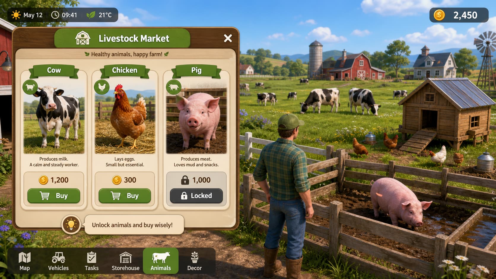 Une scène de ferme dans le style de Farm Manager 2025 montrant des vaches qui paissent, des poules près d’un poulailler, un cochon dans un enclos, un personnage de joueur et une fenêtre d’interface avec un menu d’achat de bétail affichant des prix en pièces.