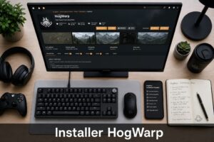Bureau organisé avec un écran affichant une page web, un smartphone avec une liste et un carnet manuscrit, surmonté d'un bandeau sombre indiquant Installer HogWarp.