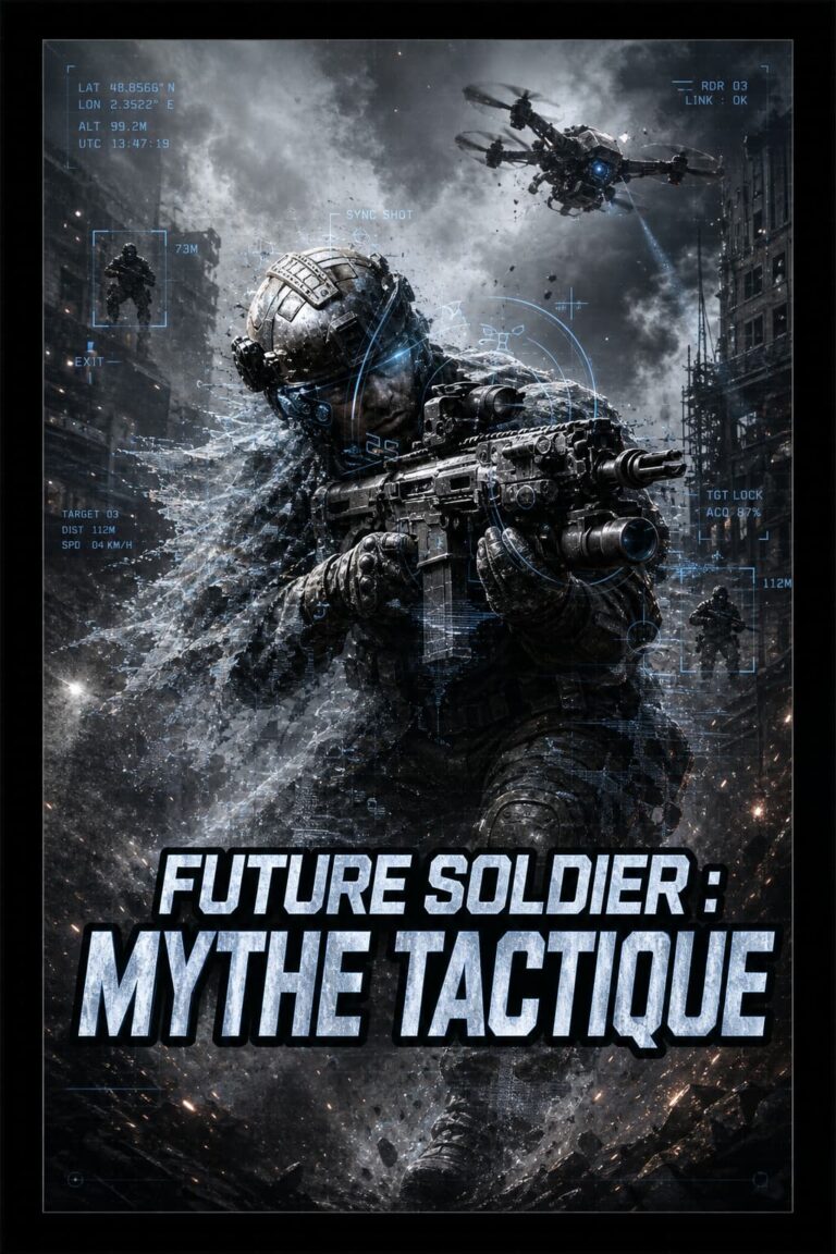 Soldat futuriste partiellement visible avec camouflage optique, tenant une arme high-tech, un drone en vol et un réticule de tir synchronisé, dans un environnement urbain sombre, surmonté du texte 'Future Soldier : mythe tactique'.
