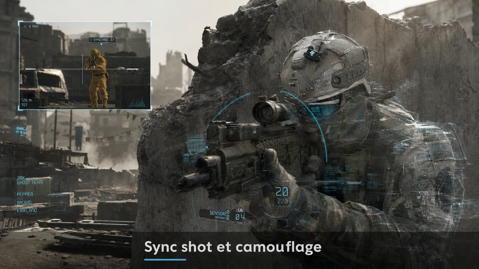Un soldat Ghost Recon en couverture derrière un mur détruit vise son fusil, avec un overlay montrant la vue d