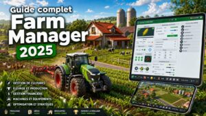 Un tracteur travaille un champ verdoyant devant une ferme rustique et des silos, sous un ciel bleu éclatant, avec un smartphone et un écran d'ordinateur affichant l'interface du jeu Farm Manager 2025 et le texte 'Guide complet Farm Manager 2025' superposé.