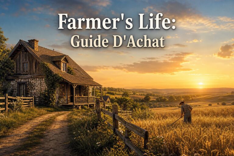 Paysage rural au coucher du soleil avec une ferme, des champs de blé, un agriculteur travaillant, et le texte 'Farmer's Life: Guide D'Achat' apparaissant dans le ciel.