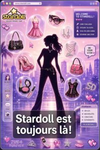 Illustration d'un monde virtuel de poupée de mode avec une silhouette féminine stylisée, entourée de vêtements et d'accessoires flottants, sur fond dégradé rose et violet, avec le texte 'Stardoll est toujours là!' en bas.