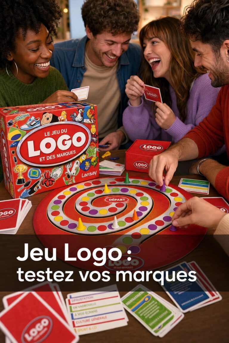 Gros plan sur la boîte colorée du jeu Logo de Lansay ouverte sur une table, avec cartes, plateau et pions, entourée d'amis riant et jouant dans une ambiance chaleureuse, et le texte 'Jeu Logo: testez vos marques' superposé en ombre portée.