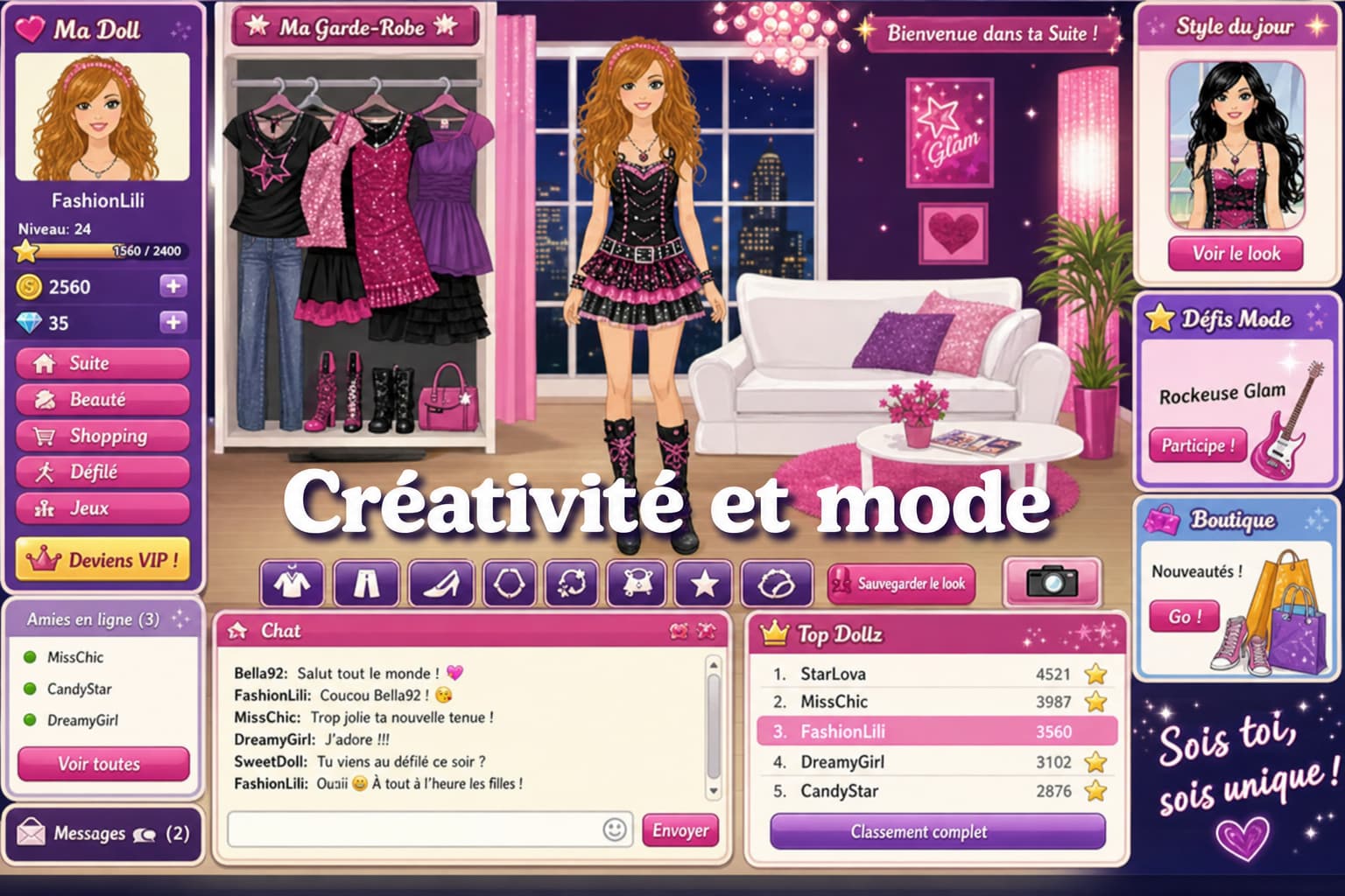 Capture d’écran du jeu Stardoll montrant une suite virtuelle avec une poupée personnalisable, un portant à vêtements et une fenêtre de discussion dans un style Flash des années 2000 aux couleurs vives, avec le texte superposé