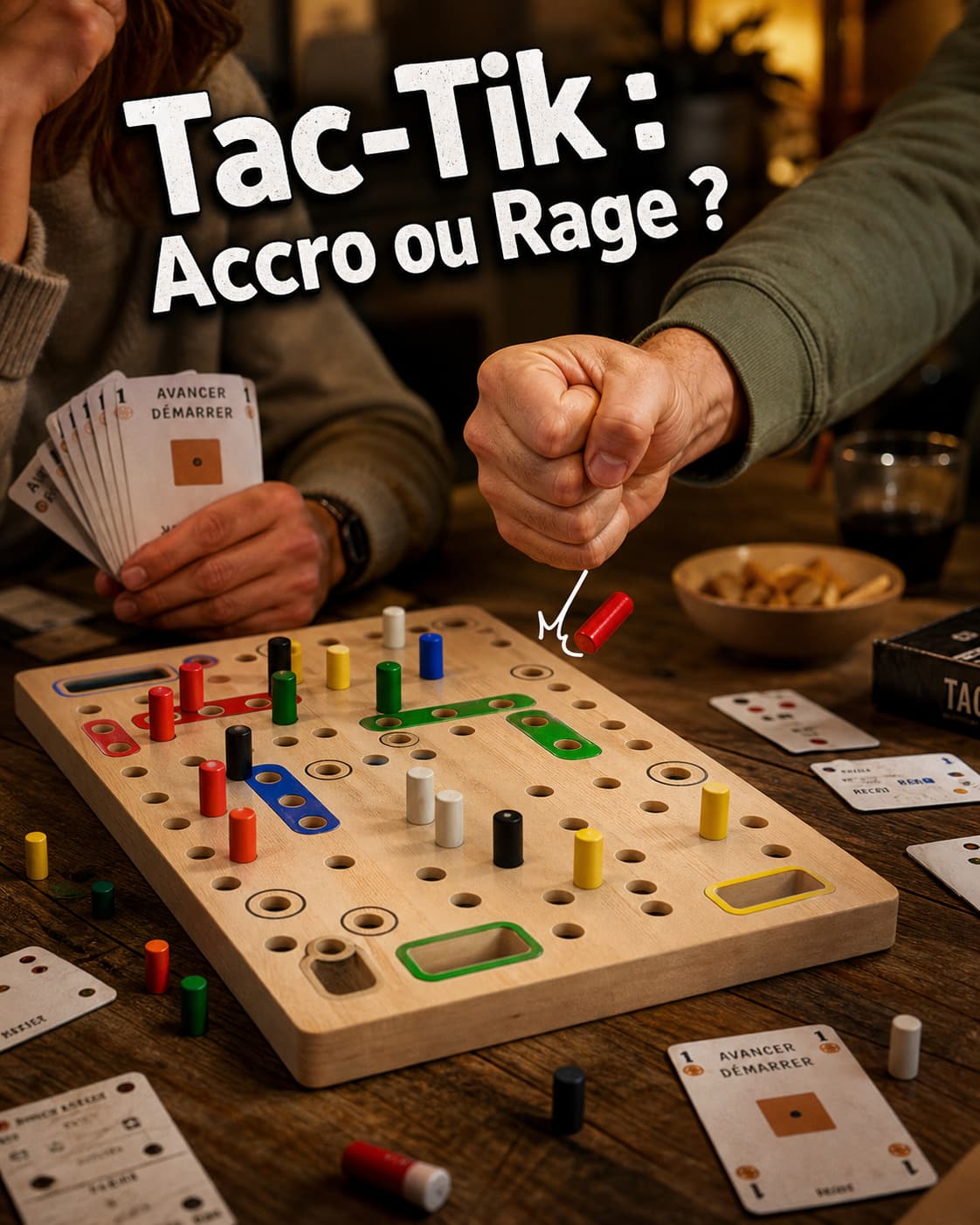 Deux mains au-dessus du plateau de jeu Tac-Tik, l