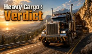 Un camion semi-remorque massif sur une route de montagne sinueuse à l'heure dorée, avec éclairage dramatique et reflets, textures 3D réalistes, vaste paysage ouvert en arrière-plan et texte superposé 'Heavy Cargo : Verdict' avec ombre portée.