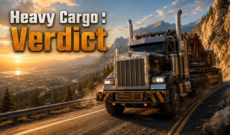 Un camion semi-remorque massif sur une route de montagne sinueuse à l'heure dorée, avec éclairage dramatique et reflets, textures 3D réalistes, vaste paysage ouvert en arrière-plan et texte superposé 'Heavy Cargo : Verdict' avec ombre portée.