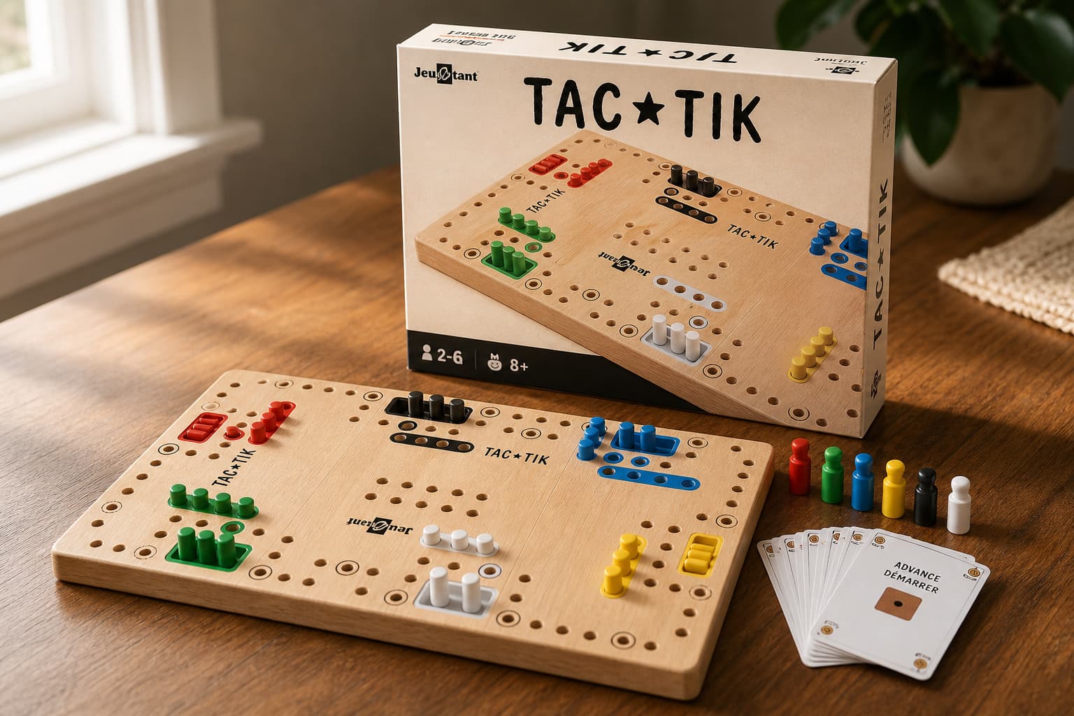 Une boîte de jeu Tac-Tik posée sur une table en bois, avec le plateau, les pions colorés et un jeu de cartes étalés à côté, baignés de lumière naturelle.