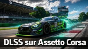 Une voiture de course profilée fonçant sur le circuit de Monza avec un halo numérique futuriste et le texte 'DLSS sur Assetto Corsa' incrusté en bas.
